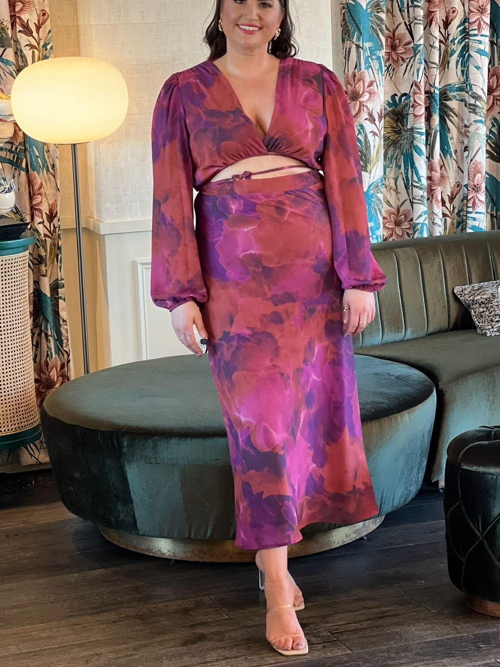 Showpo Plunge Neck Midi Dress in Magenta & Burnt Orange Print